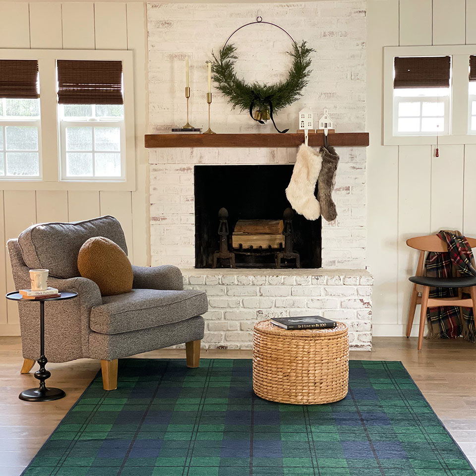 cabin decor in living room with plaid rug