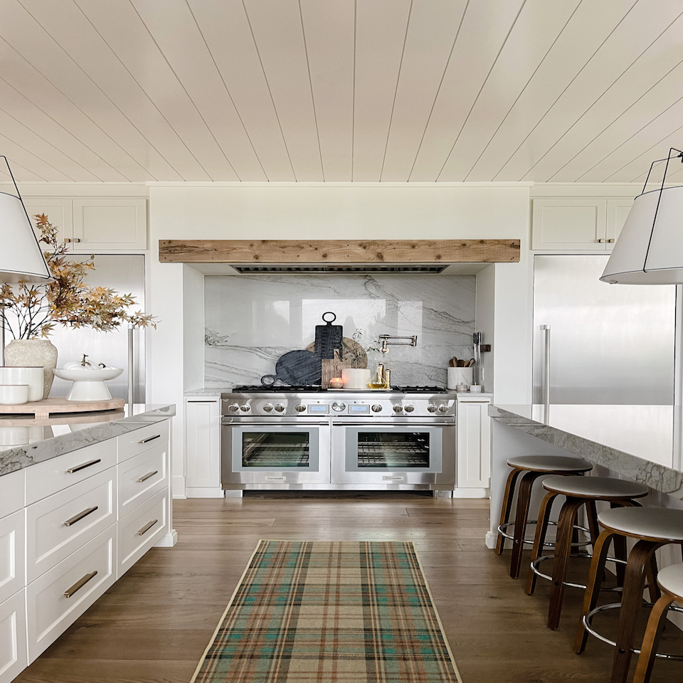 rustic decor in kitchen with plaid rug