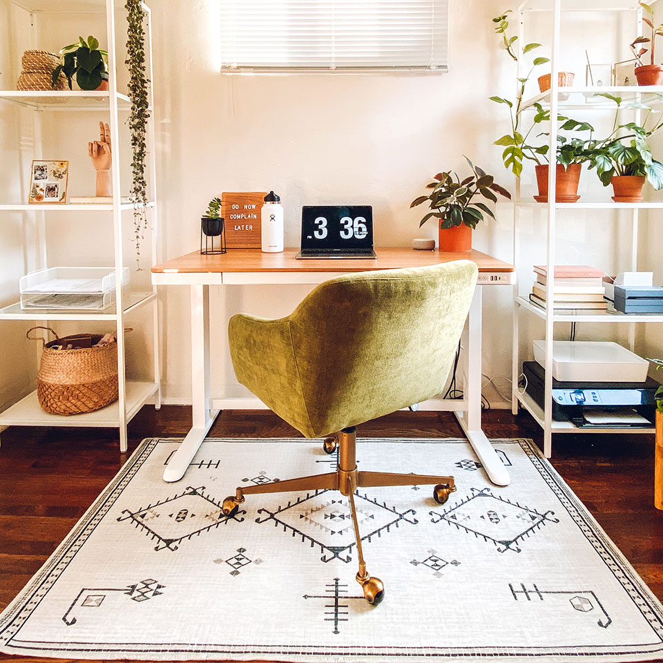 black and white boho rug in home office