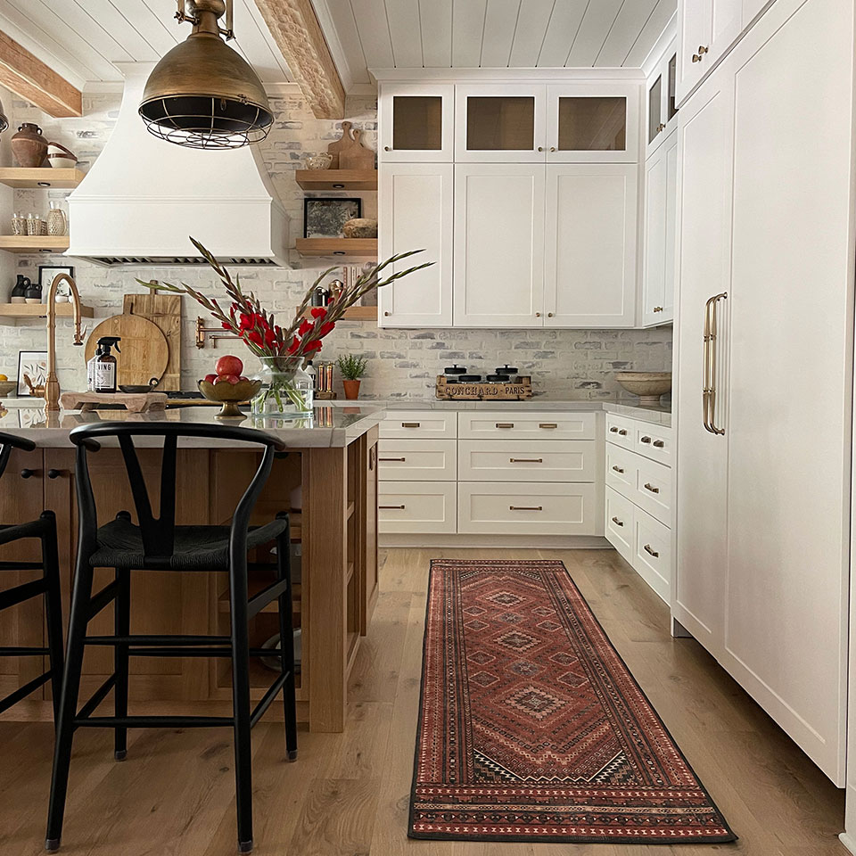 rustic kitchen decor with red runner rug