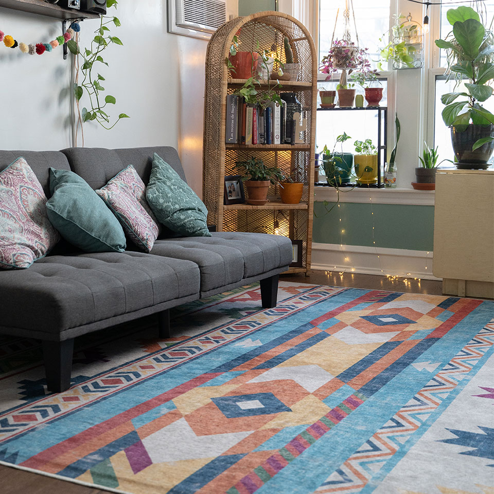 colorful boho rug in living room