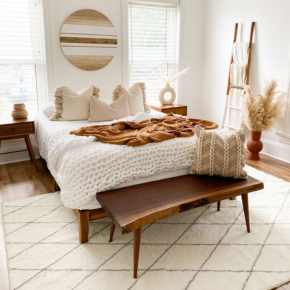 white plush rug in bedroom