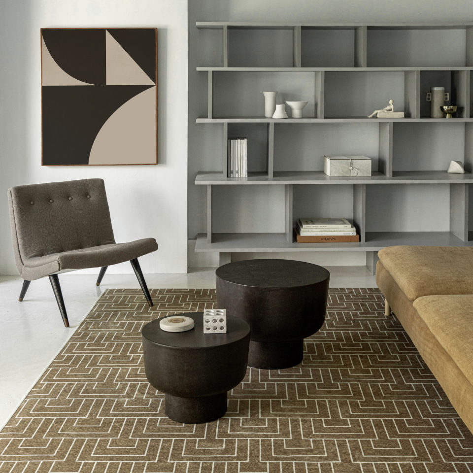 art deco rug in minimalist living room