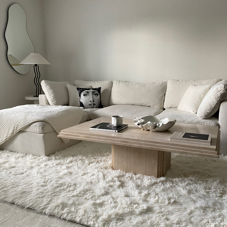 white shag rug in minimalist living room