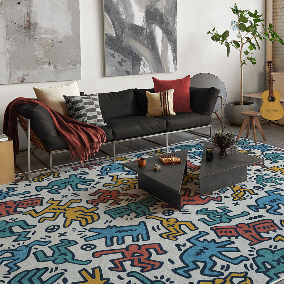 abstract keith haring rug in living room