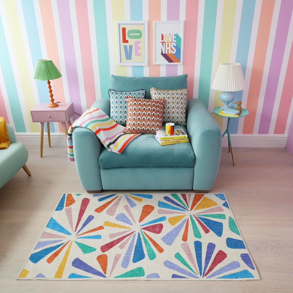 bright colored rugs reading chair