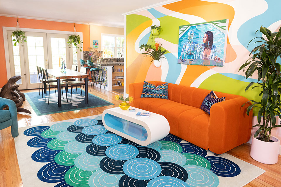 colorful maximalist rugs in living room