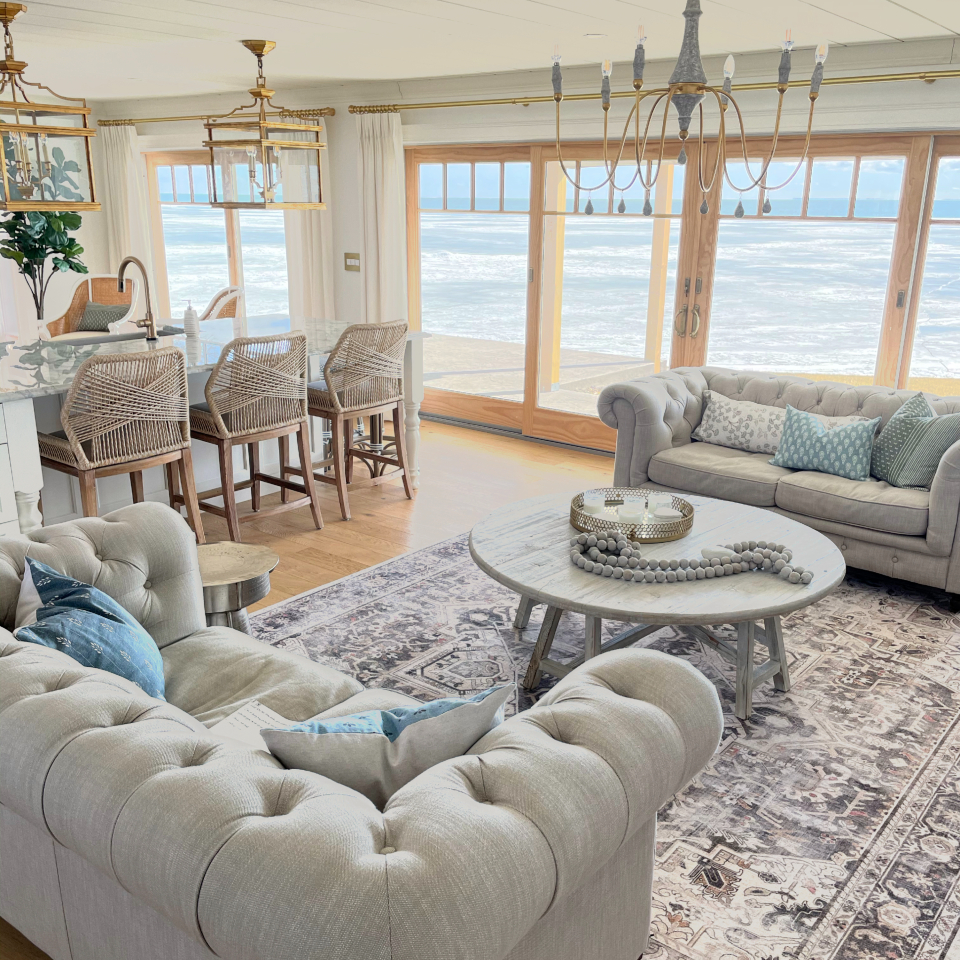 moroccan rug in living room with coastal decor