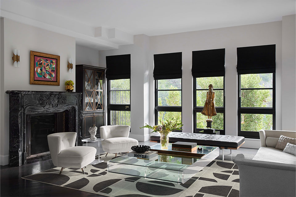 black and white abstract rug in living room