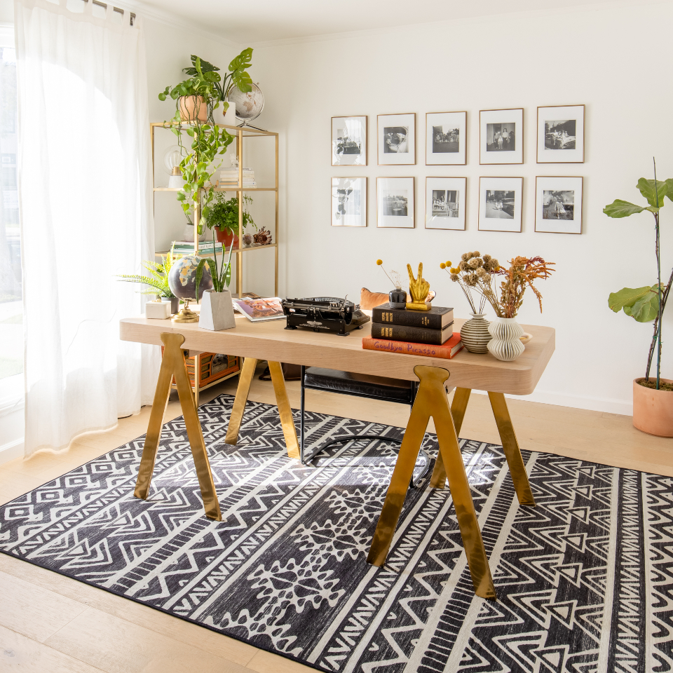 geometric rug in boho inspired office