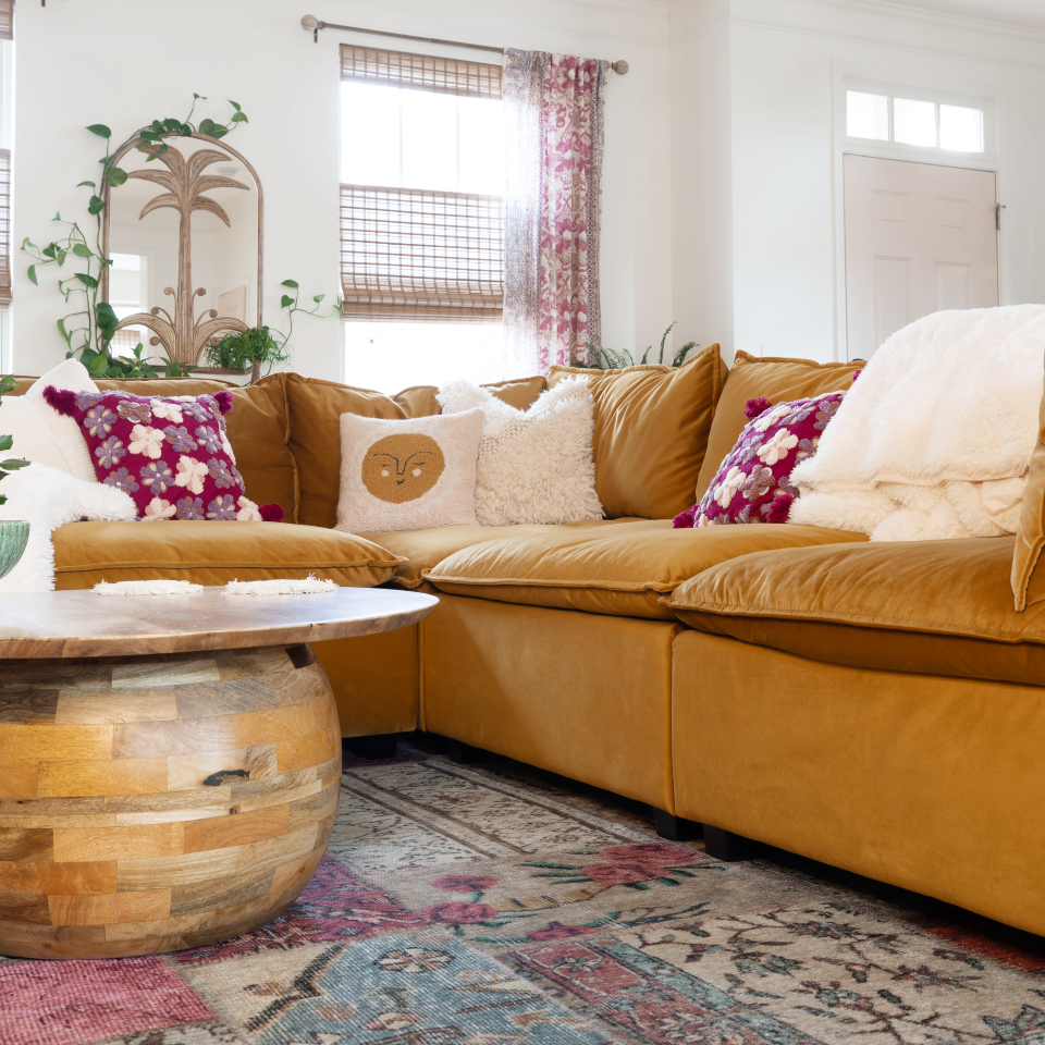 patchwork rug in boho inspired living room