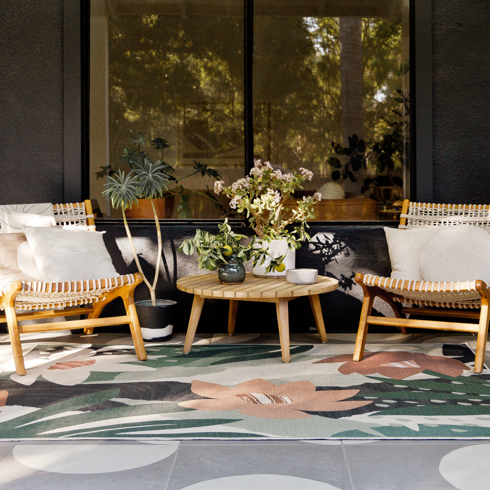 abstract and floral boho rug on outdoor patio