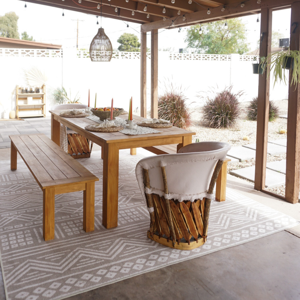 geometric outdoor rug on desert inspired patio
