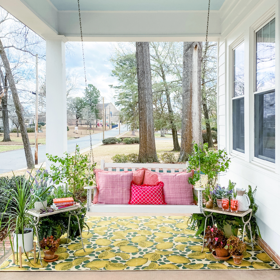 outdoor lemon pattern rug on cottage inspired patio