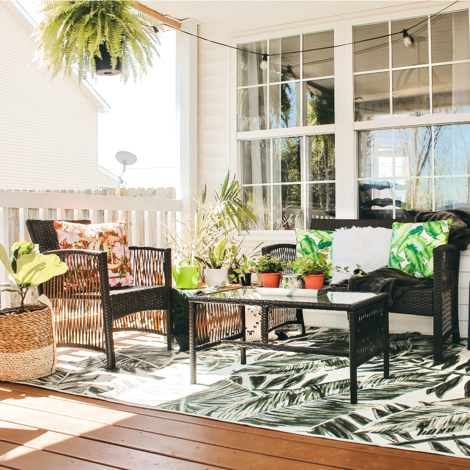 tropical outdoor rug on patio