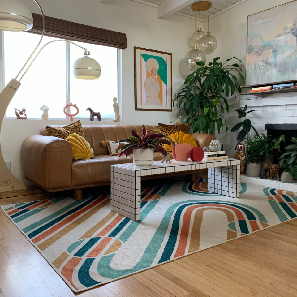 multicolor rug in mid-century modern living room